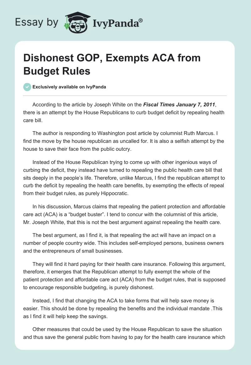 Dishonest GOP, Exempts ACA from Budget Rules. Page 1
