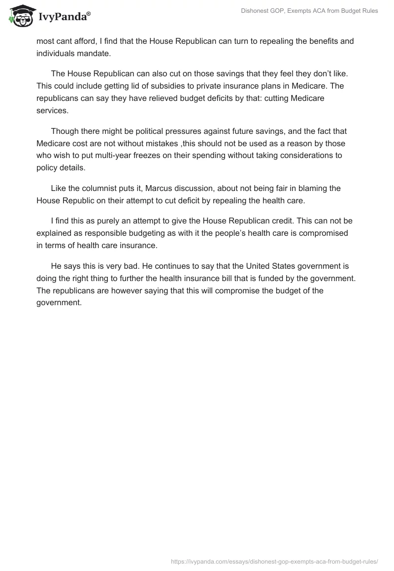 Dishonest GOP, Exempts ACA from Budget Rules. Page 2