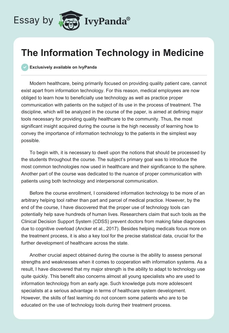 The Information Technology in Medicine. Page 1