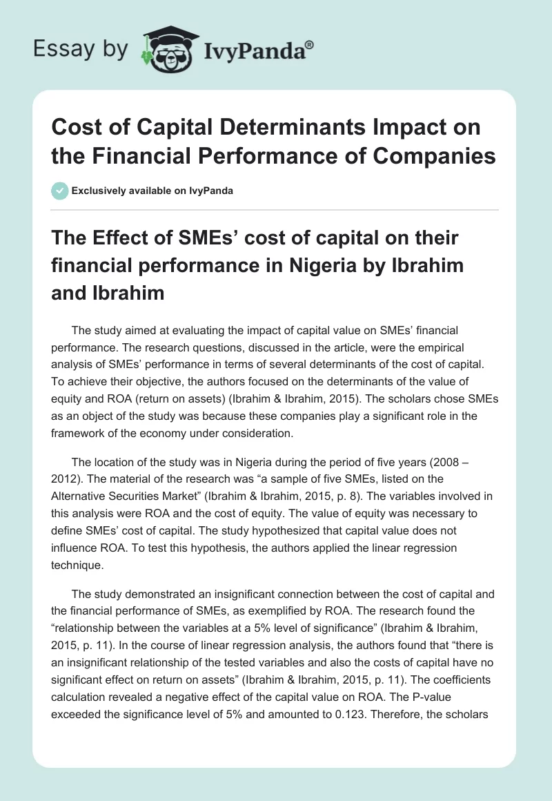 Cost of Capital Determinants Impact on the Financial Performance of Companies. Page 1