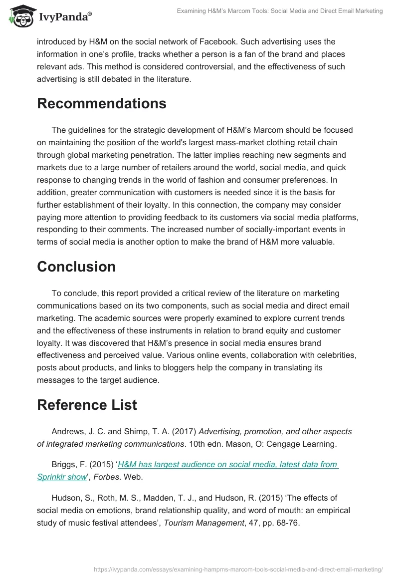 Examining H&M’s Marcom Tools: Social Media and Direct Email Marketing. Page 5