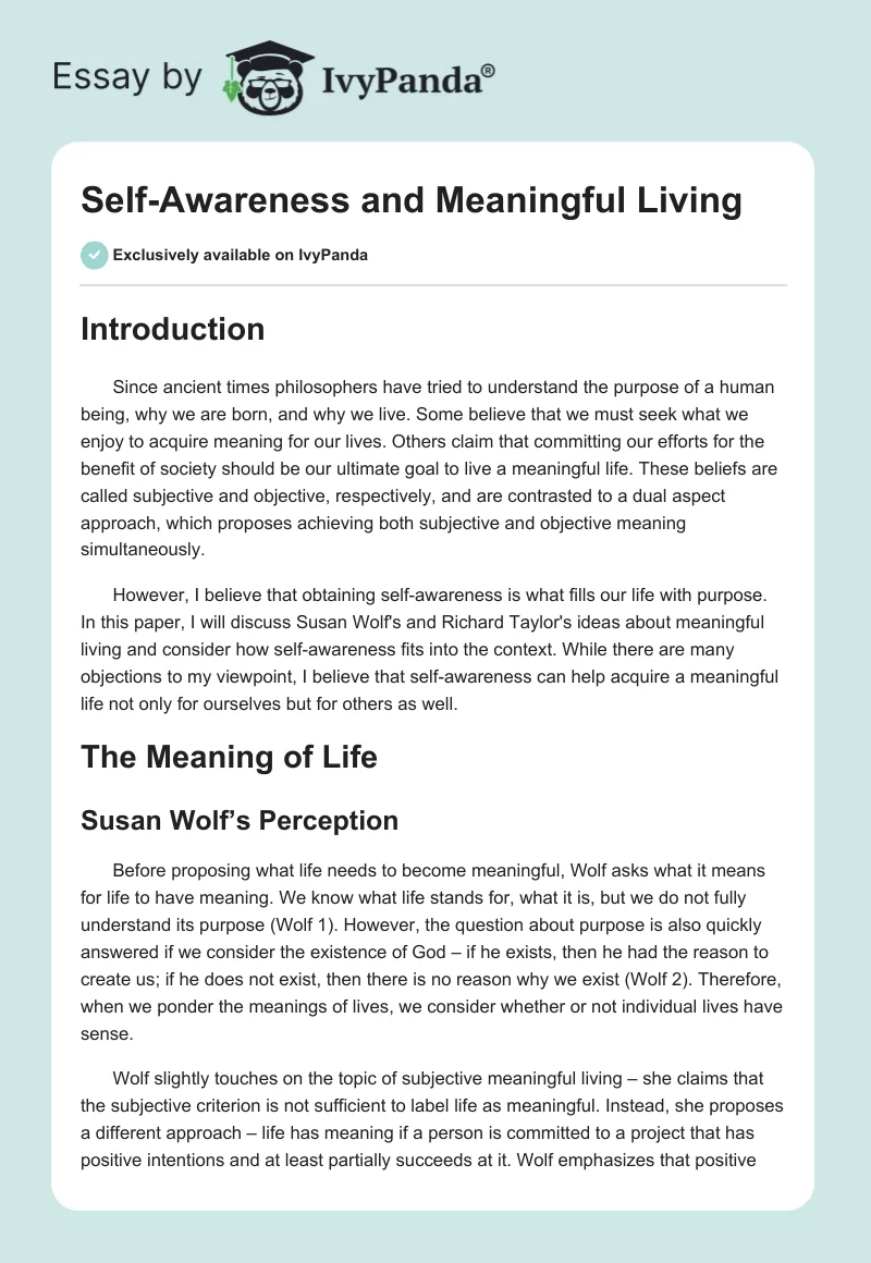 Self-Awareness and Meaningful Living. Page 1