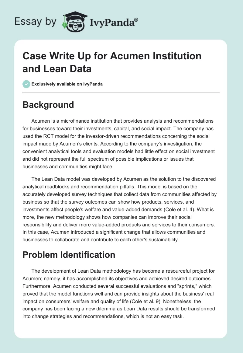 Case Write Up for Acumen Institution and Lean Data. Page 1