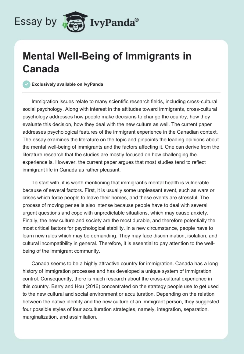 Mental Well-Being of Immigrants in Canada. Page 1