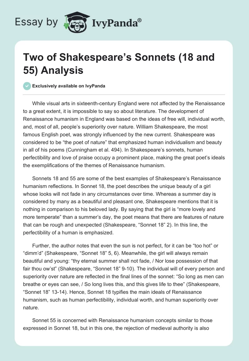 Two of Shakespeare’s Sonnets (18 and 55) Analysis. Page 1