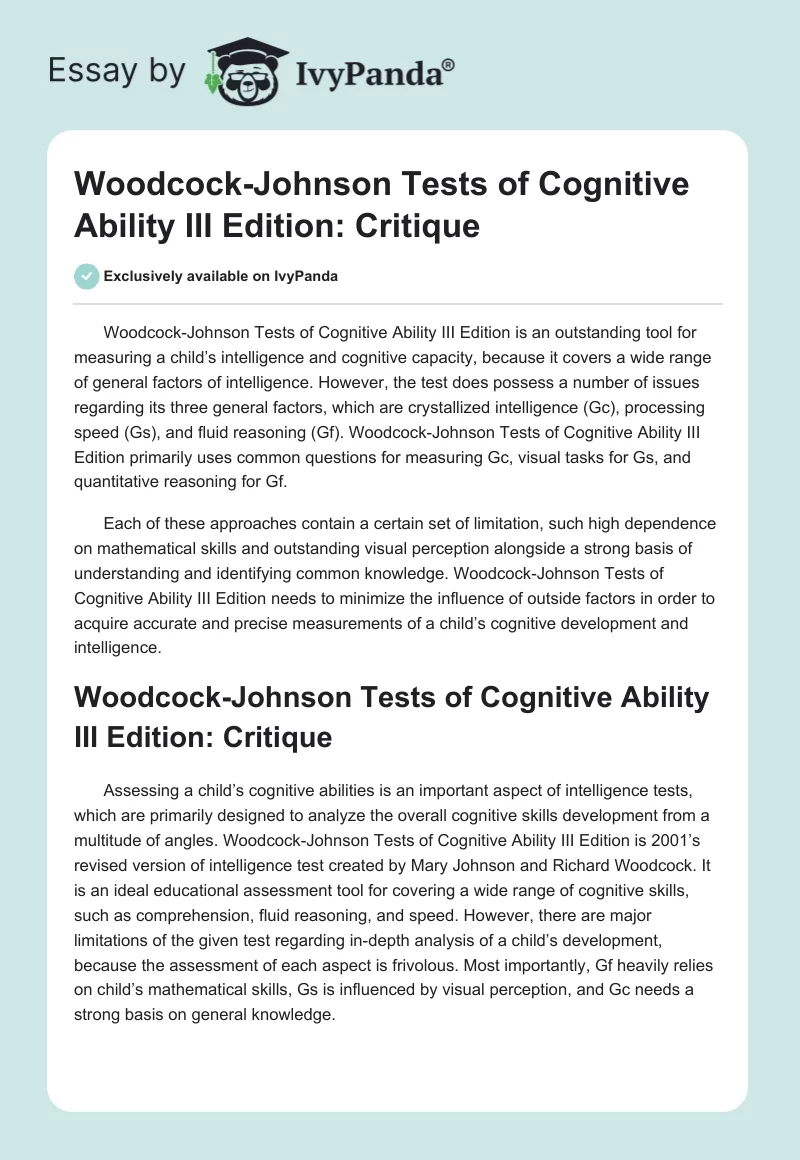 Woodcock-Johnson Tests of Cognitive Ability III Edition: Critique. Page 1