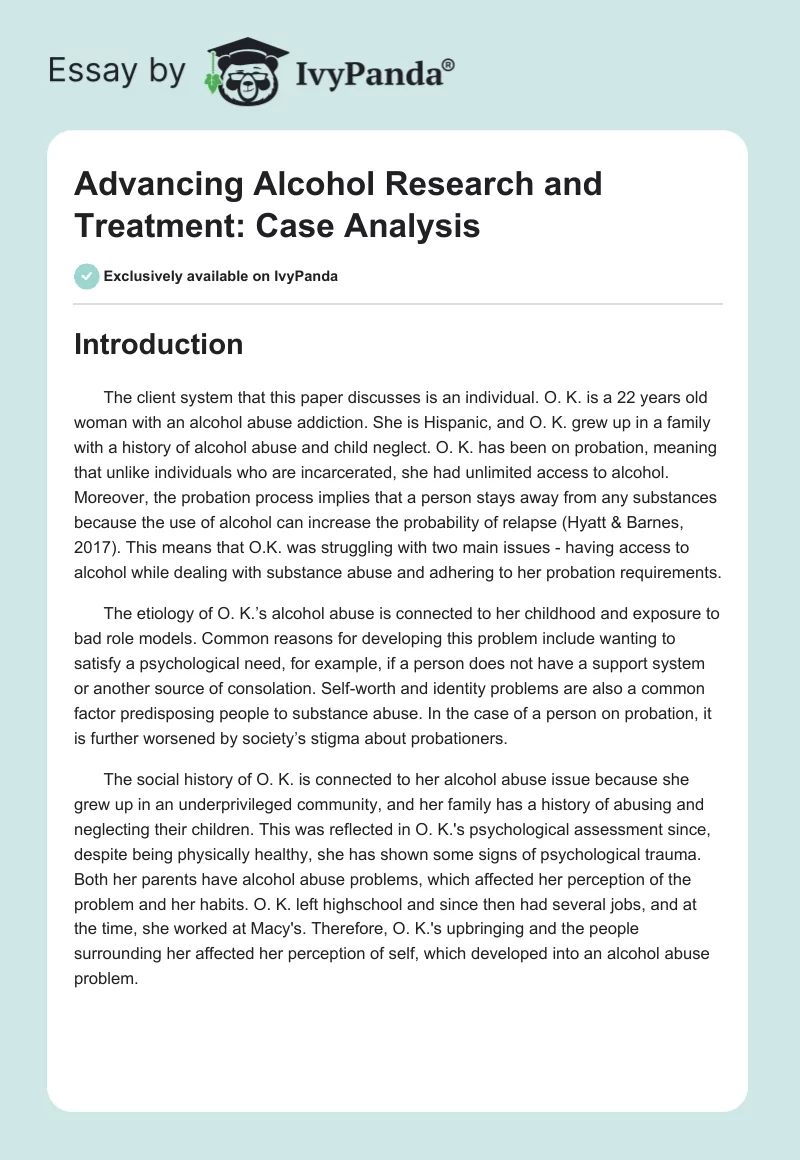 Advancing Alcohol Research and Treatment: Case Analysis. Page 1