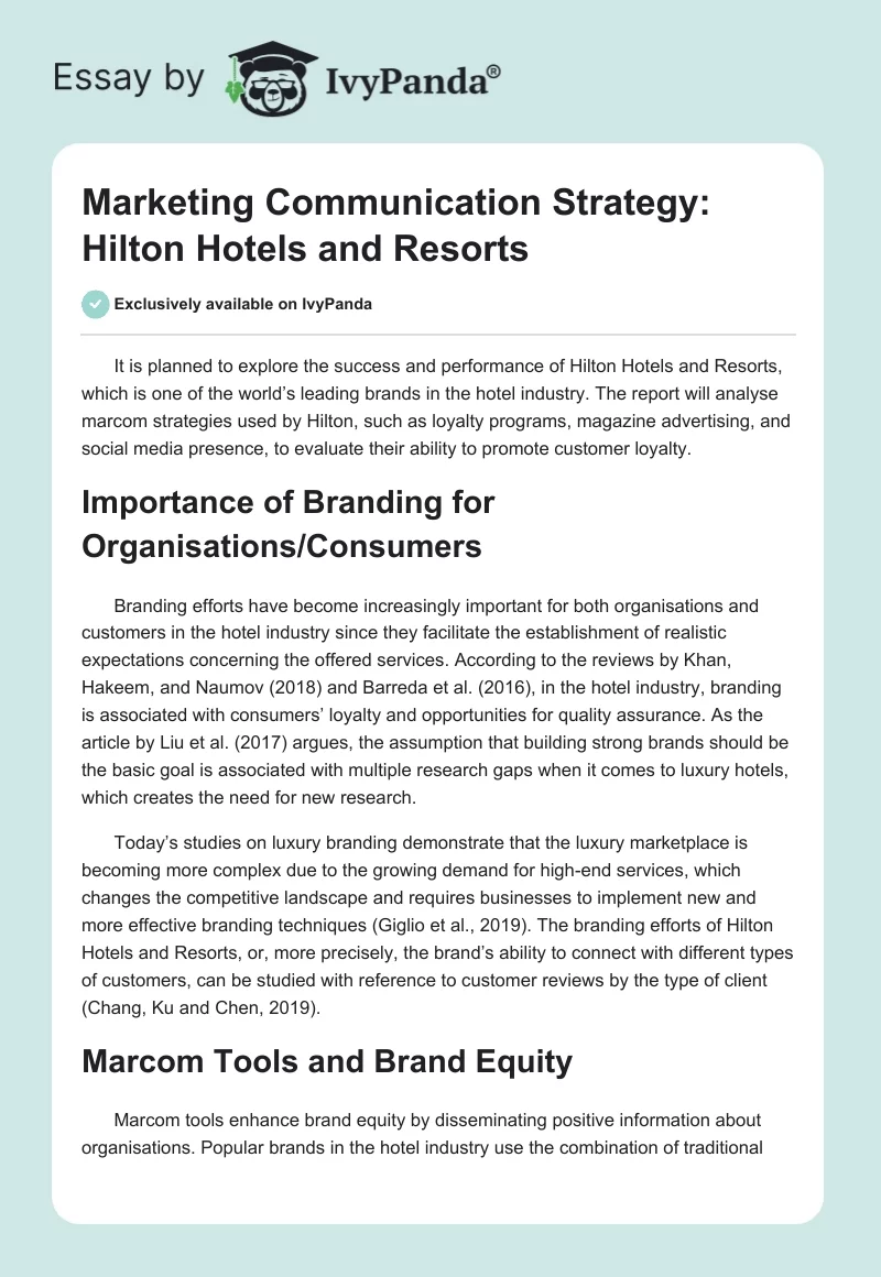 Marketing Communication Strategy: Hilton Hotels and Resorts. Page 1