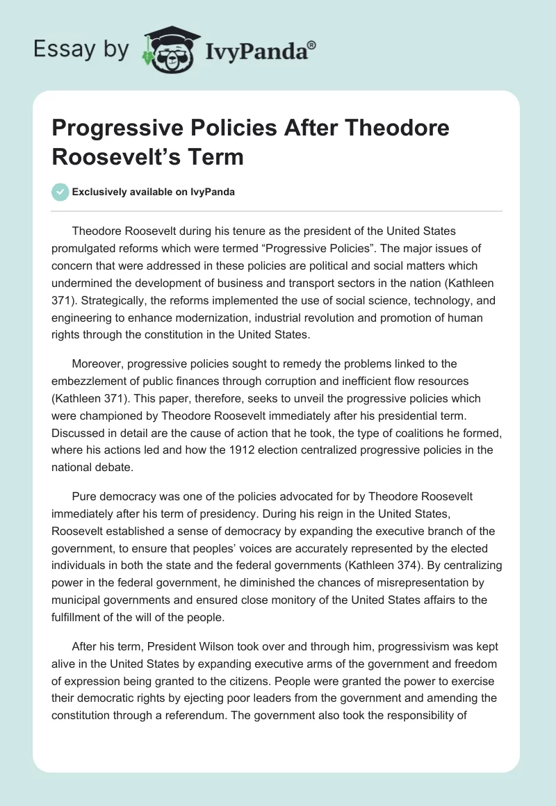 Progressive Policies After Theodore Roosevelt’s Term. Page 1