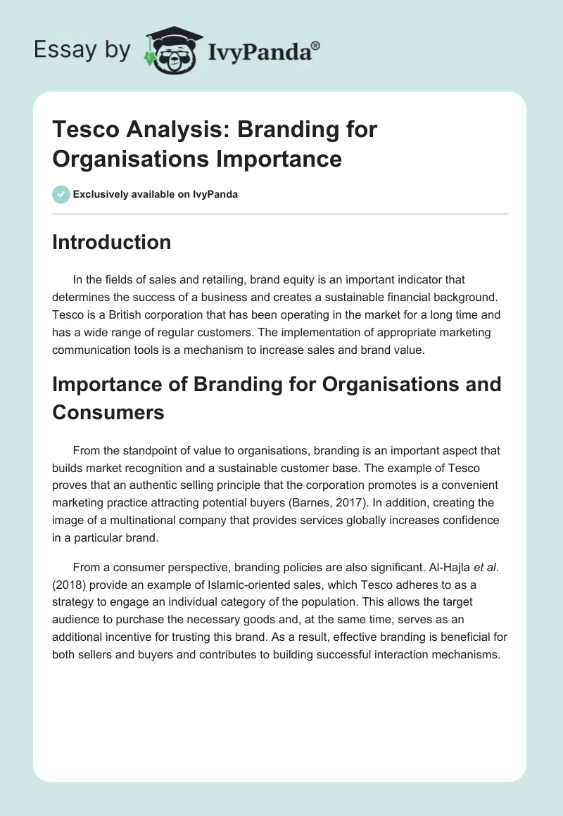 Tesco Analysis: Branding for Organisations Importance. Page 1