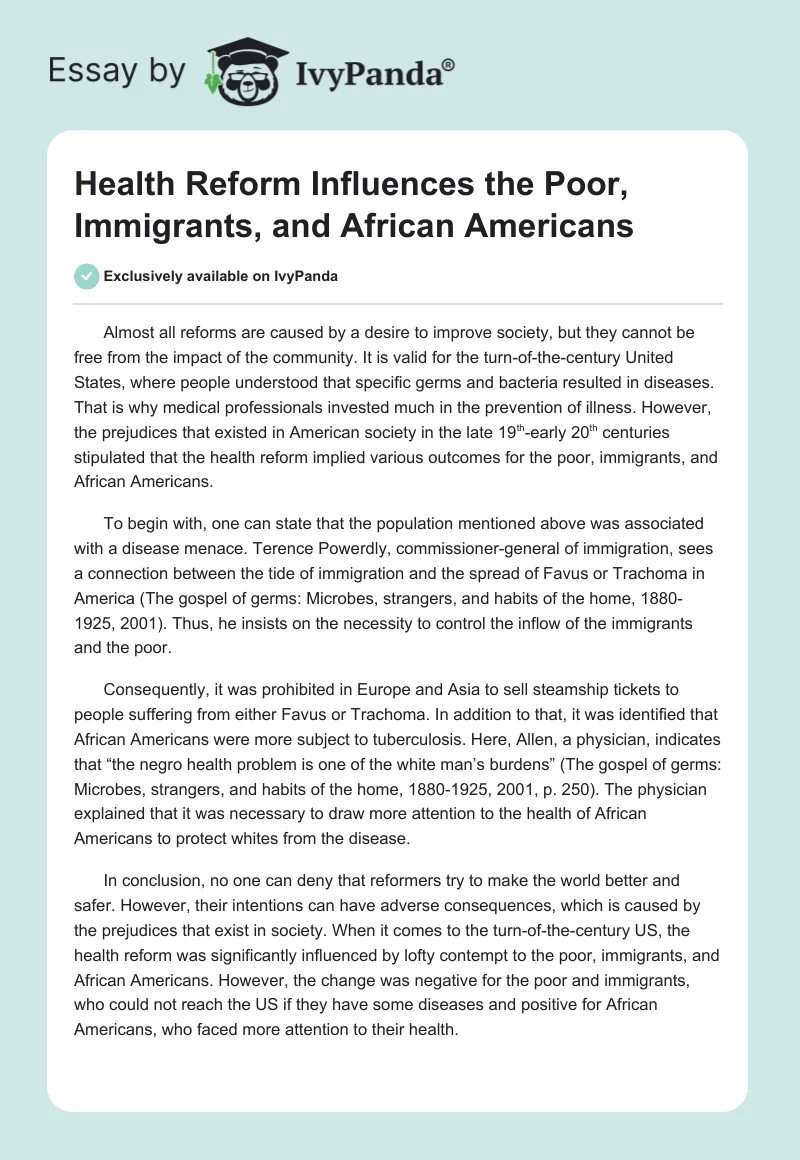 Health Reform Influences the Poor, Immigrants, and African Americans. Page 1