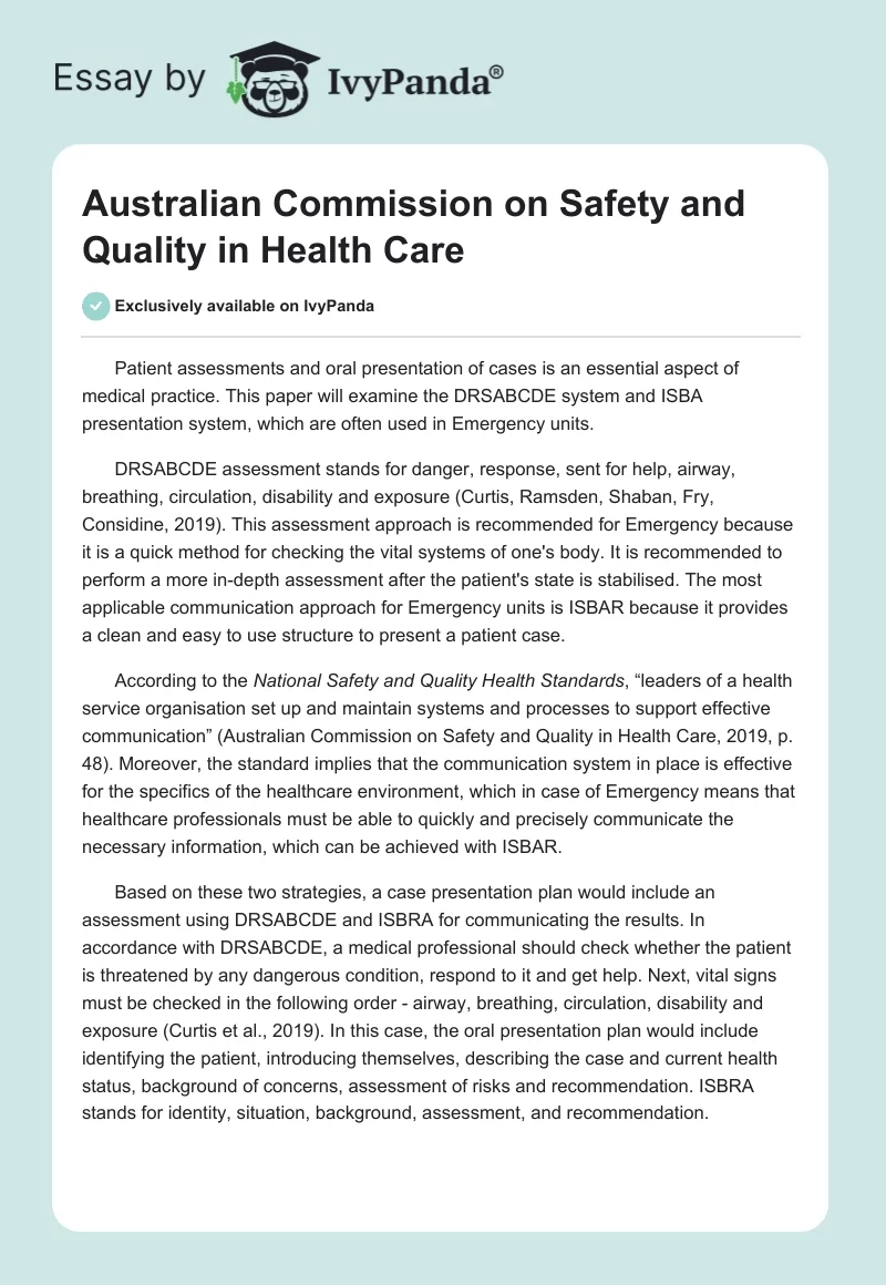 Australian Commission on Safety and Quality in Health Care. Page 1