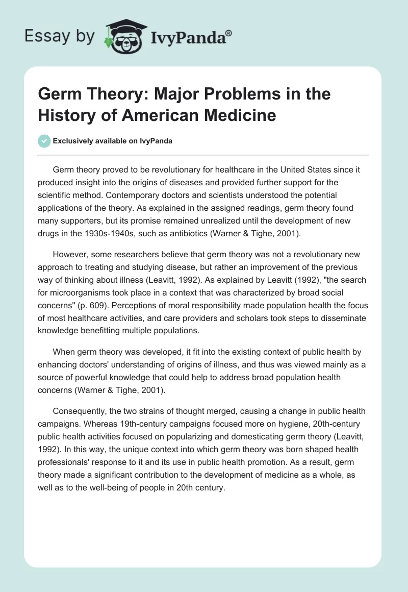 Germ Theory: Major Problems in the History of American Medicine. Page 1