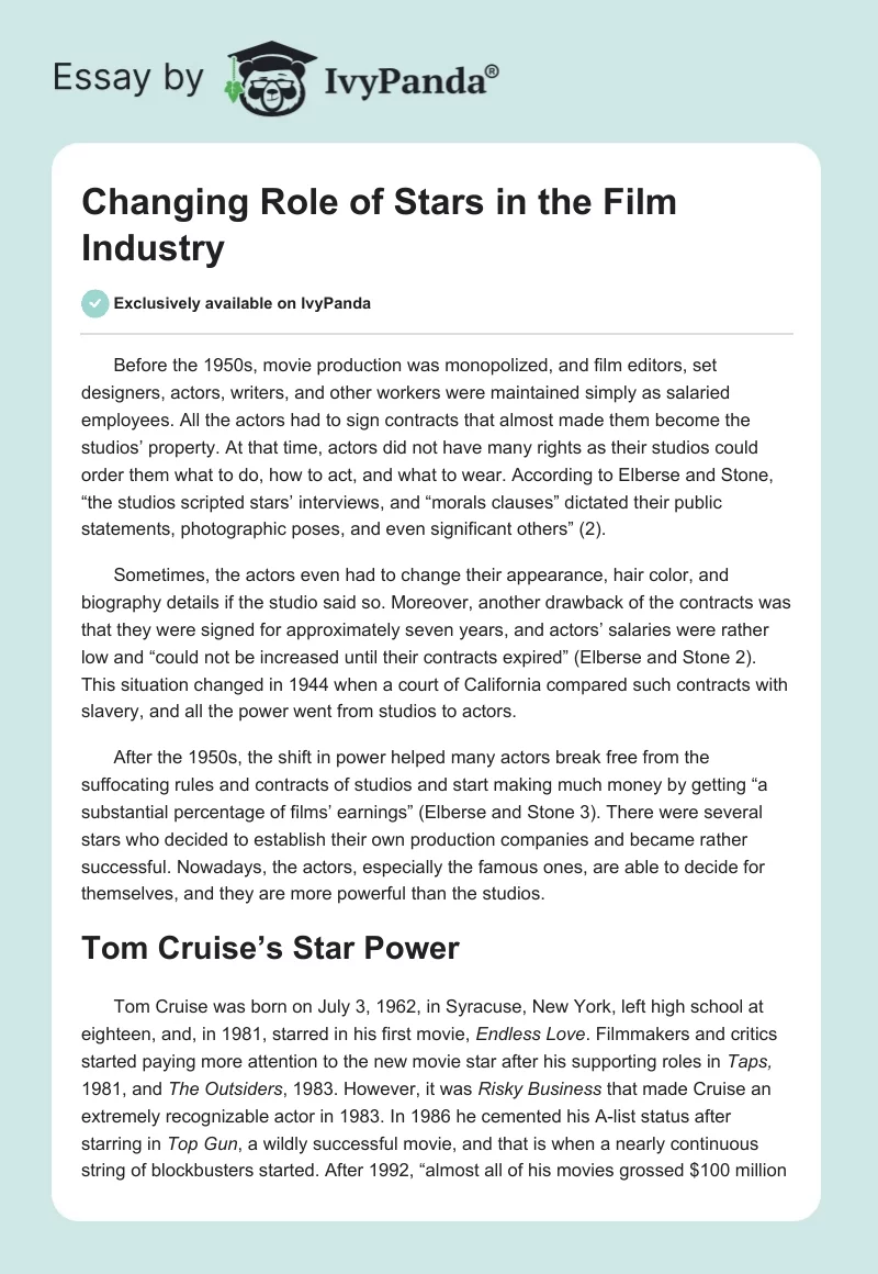 Changing Role of Stars in the Film Industry. Page 1