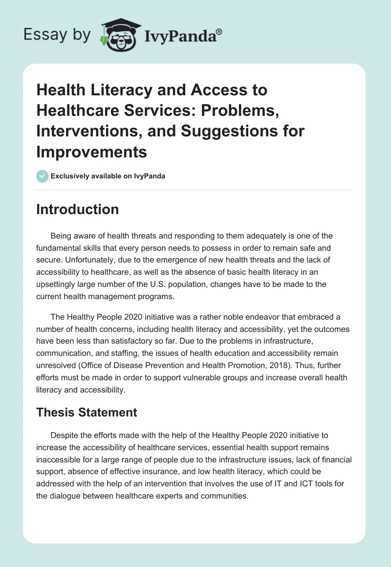 Health Literacy and Access to Healthcare Services: Problems, Interventions, and Suggestions for Improvements. Page 1