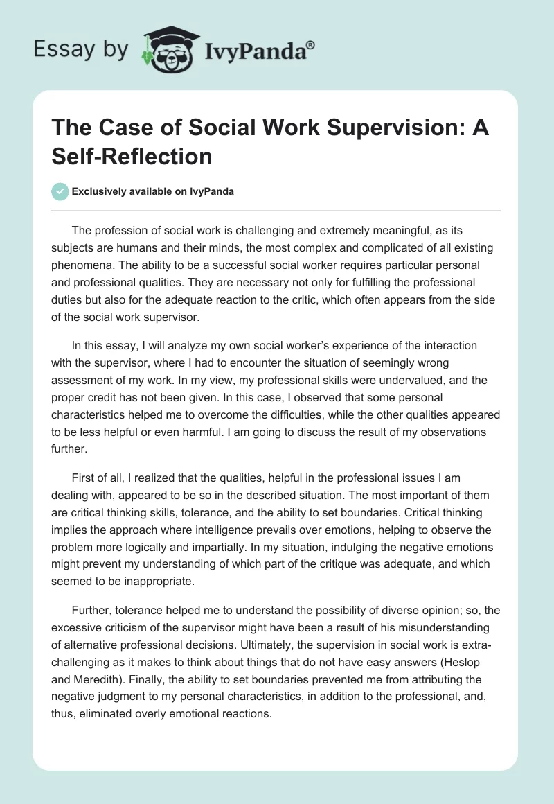 The Case of Social Work Supervision: A Self-Reflection. Page 1