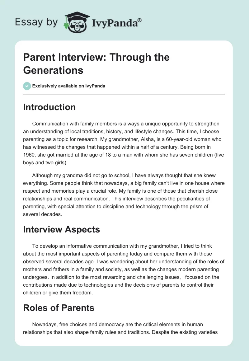 Parent Interview: Through the Generations. Page 1