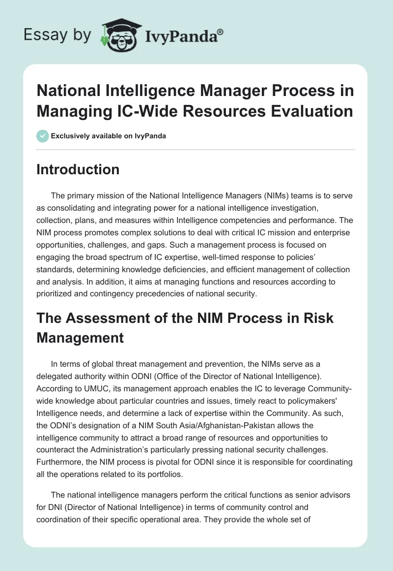 National Intelligence Manager Process in Managing IC-Wide Resources Evaluation. Page 1