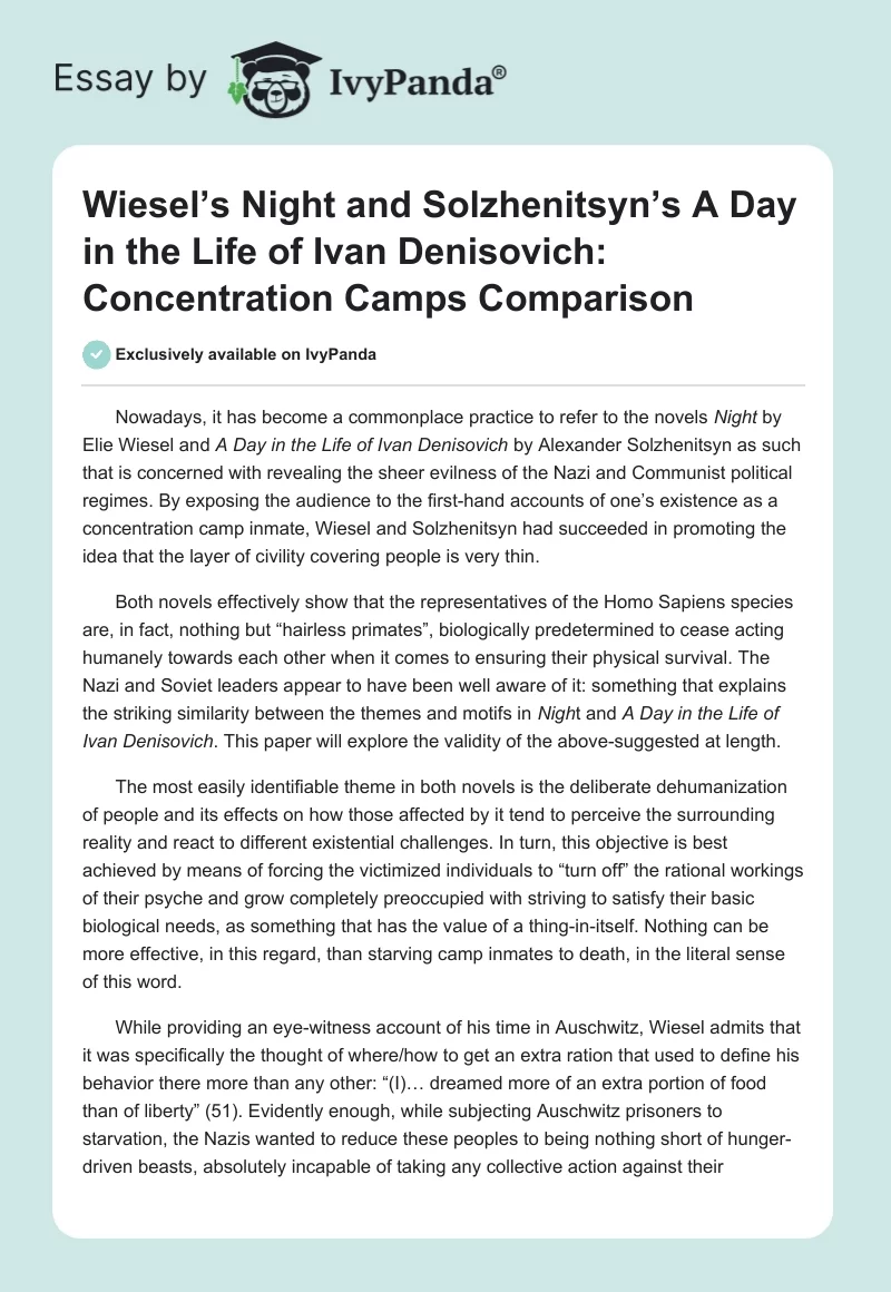 Wiesel’s Night and Solzhenitsyn’s A Day in the Life of Ivan Denisovich: Concentration Camps Comparison. Page 1