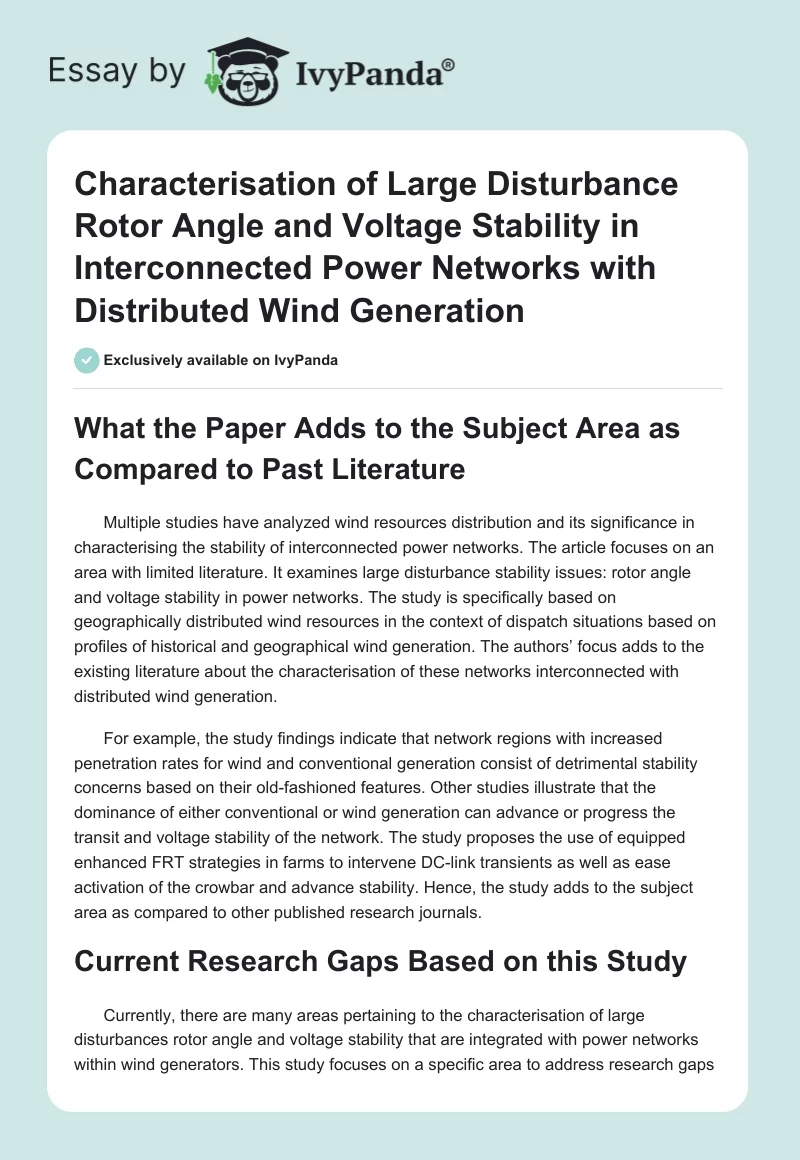 Characterisation of Large Disturbance Rotor Angle and Voltage Stability in Interconnected Power Networks with Distributed Wind Generation. Page 1
