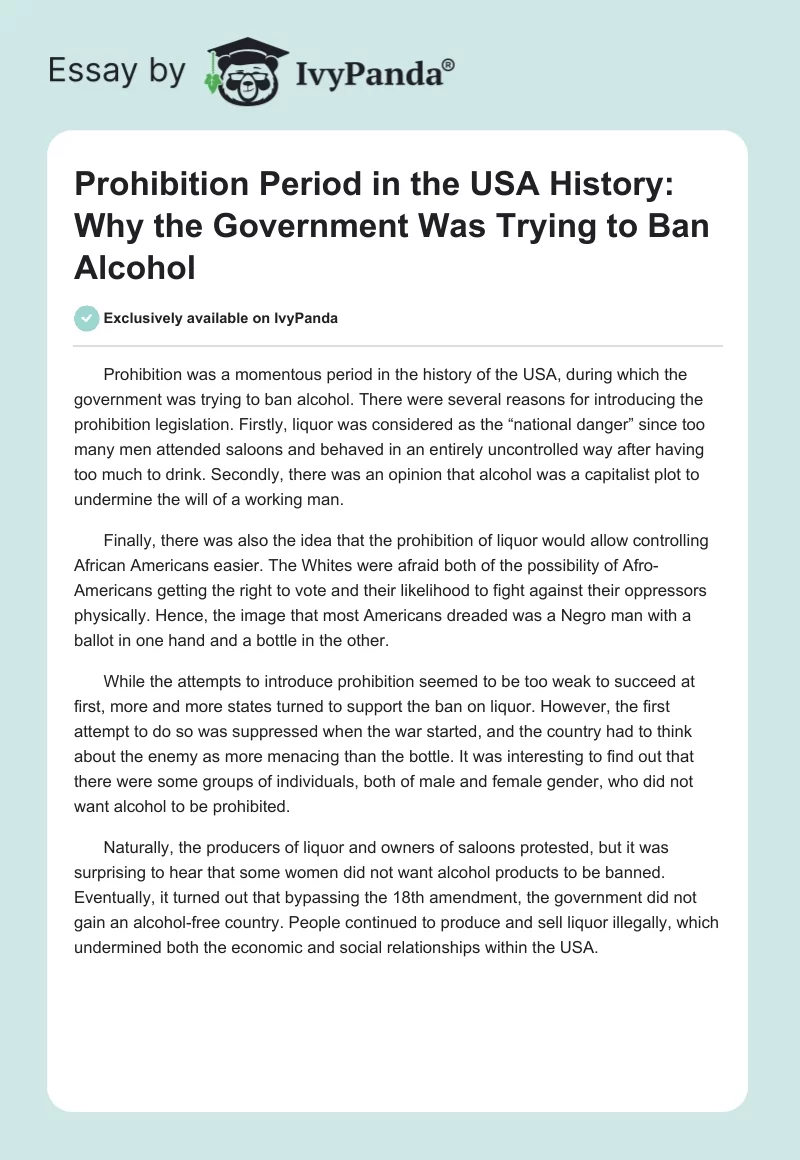 Prohibition Period in the USA History: Why the Government Was Trying to Ban Alcohol. Page 1