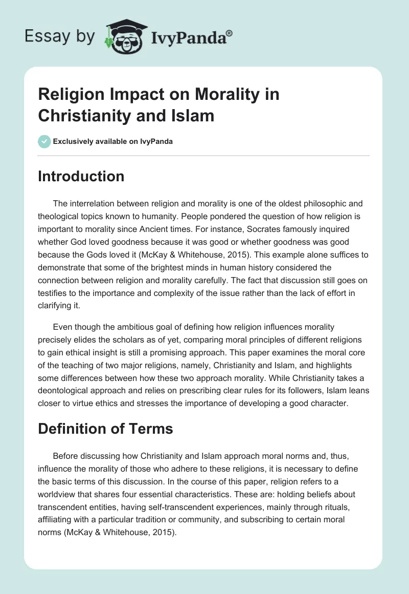 Religion Impact on Morality in Christianity and Islam. Page 1
