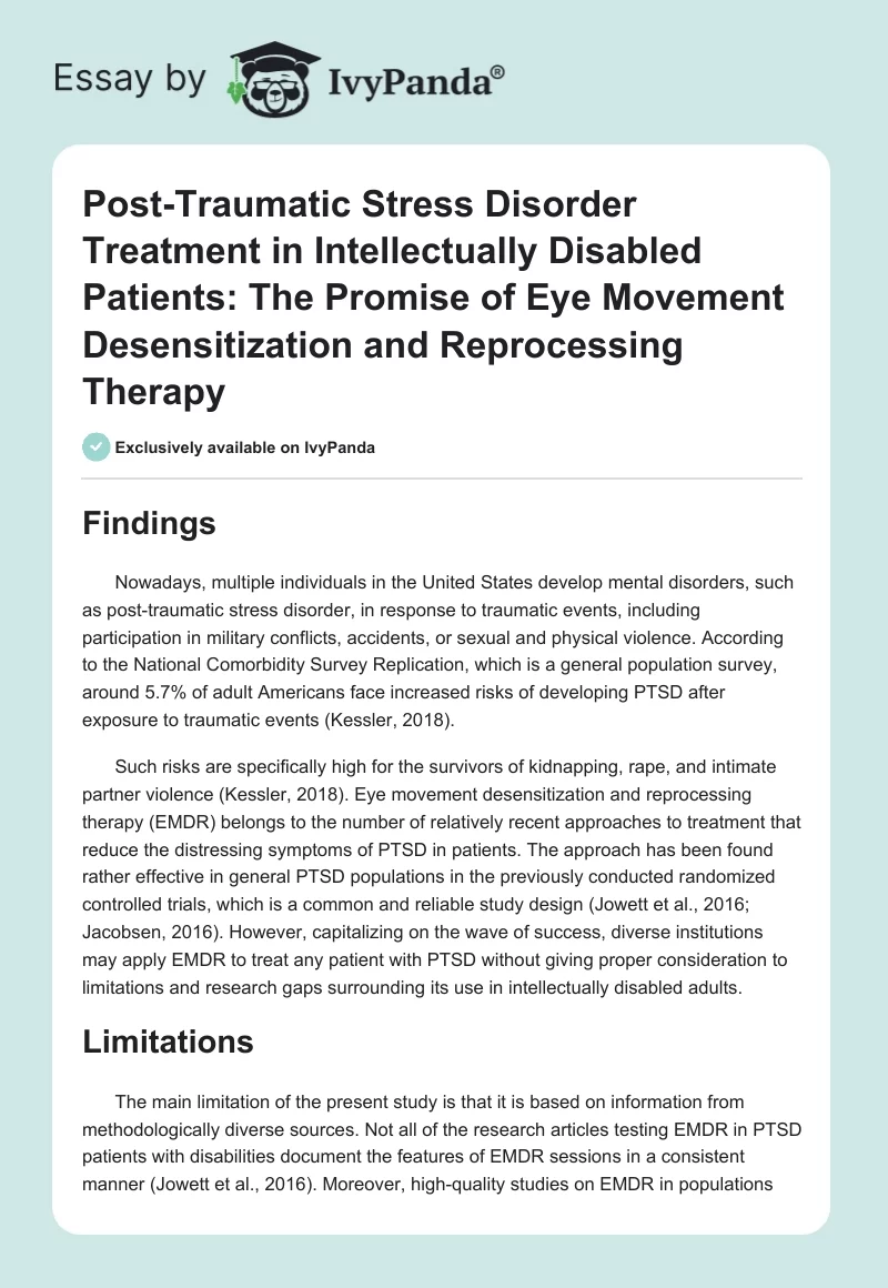 Post-Traumatic Stress Disorder Treatment in Intellectually Disabled Patients: The Promise of Eye Movement Desensitization and Reprocessing Therapy. Page 1