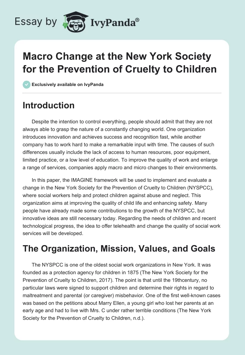 Macro Change at the New York Society for the Prevention of Cruelty to Children. Page 1