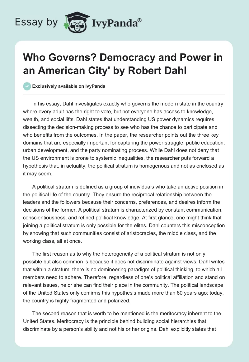 Who Governs? Democracy and Power in an American City' by Robert Dahl. Page 1