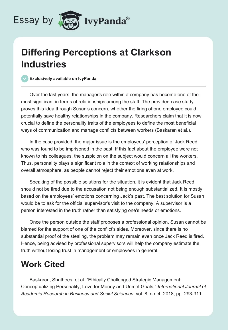 Differing Perceptions at Clarkson Industries. Page 1