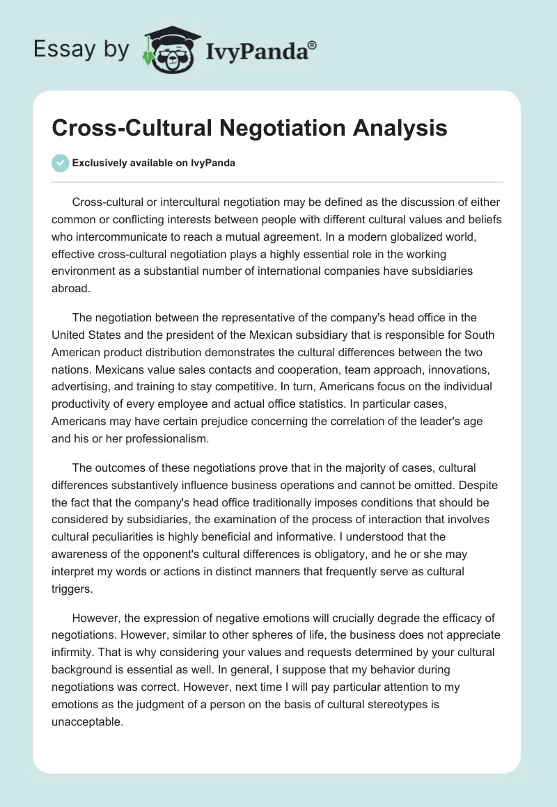 Cross-Cultural Negotiation Analysis. Page 1