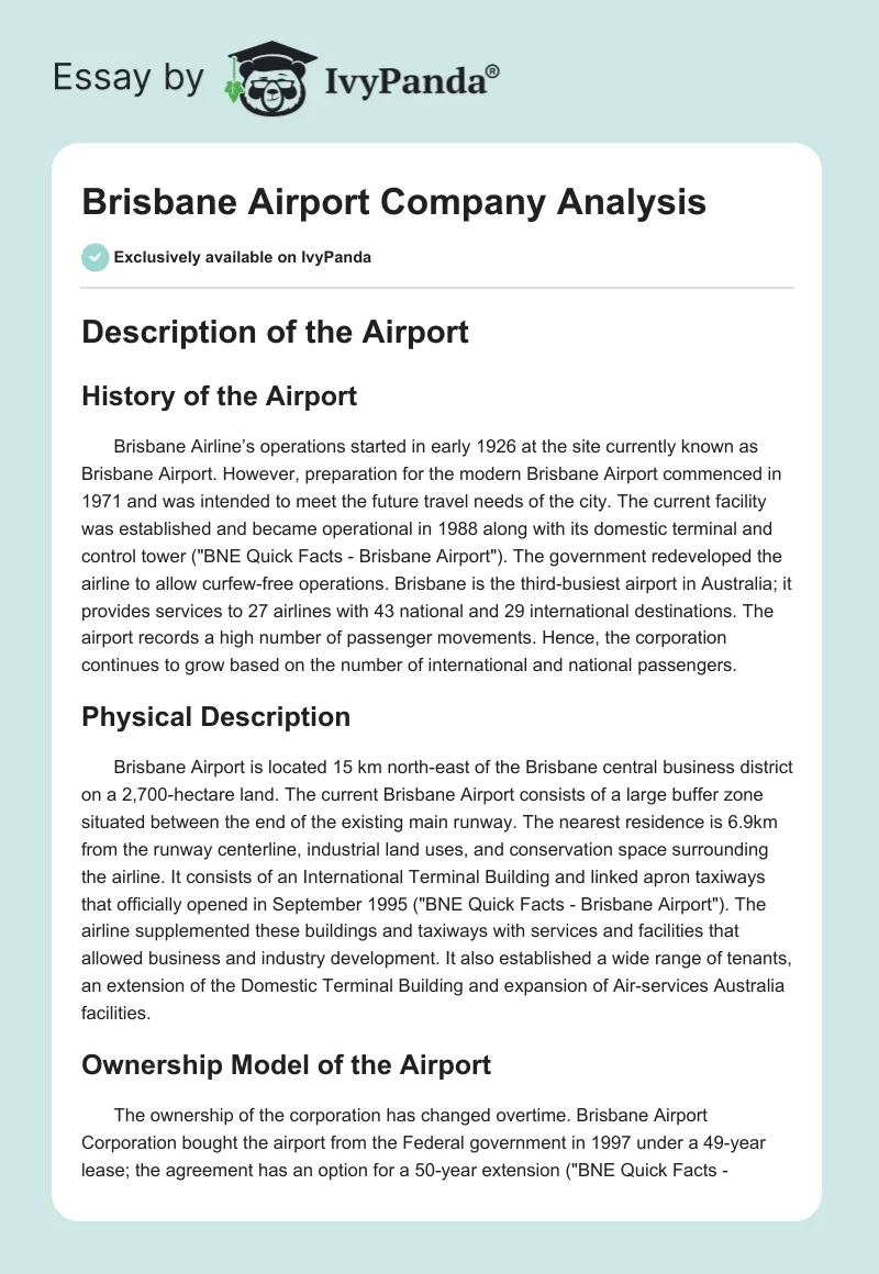Brisbane Airport Company Analysis. Page 1