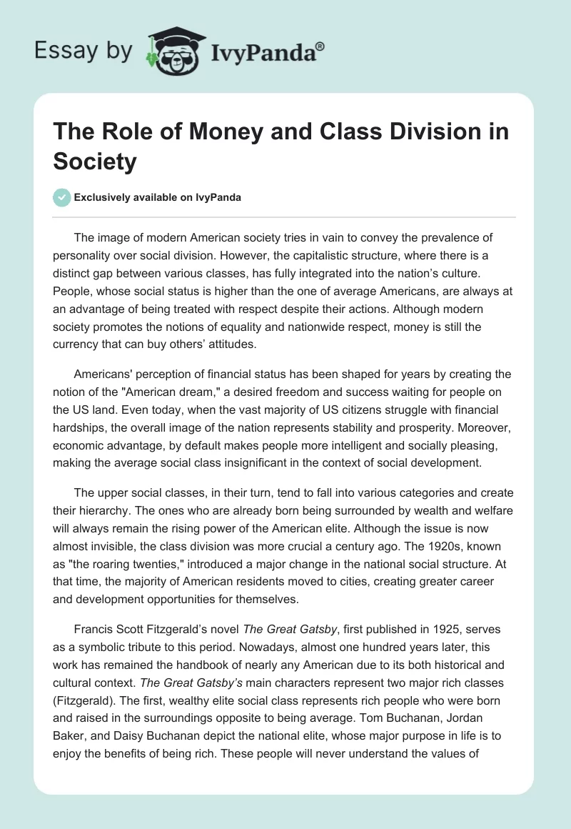 The Role of Money and Class Division in Society. Page 1