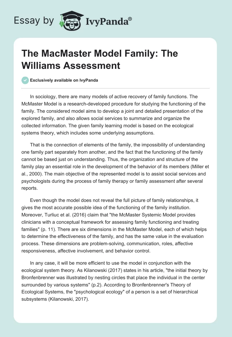 The MacMaster Model Family: The Williams Assessment. Page 1