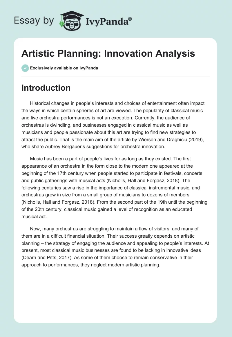 Artistic Planning: Innovation Analysis. Page 1