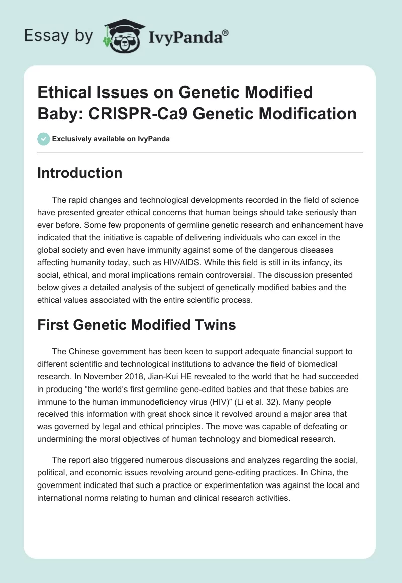 Ethical Issues on Genetic Modified Baby: CRISPR-Ca9 Genetic Modification. Page 1