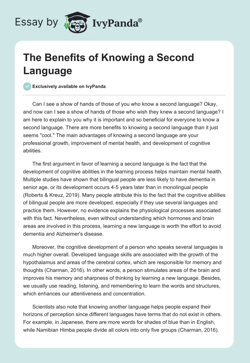 The Benefits of Knowing a Second Language. Page 1