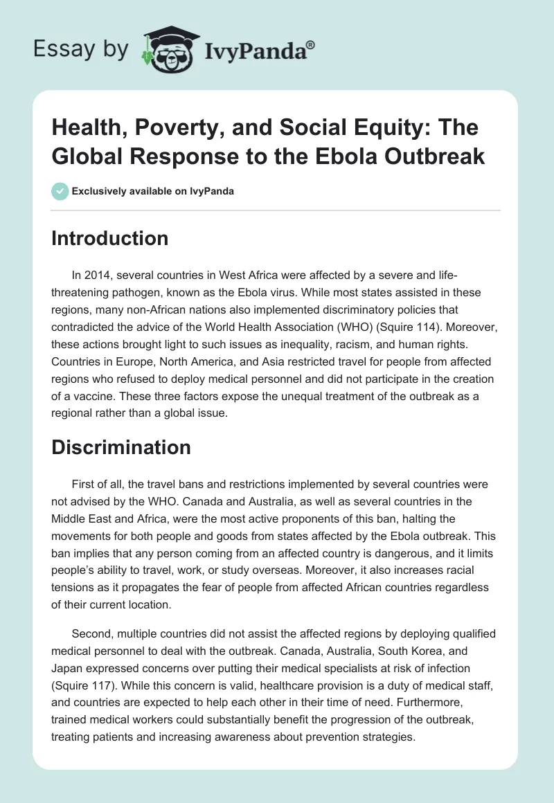 Health, Poverty, and Social Equity: The Global Response to the Ebola Outbreak. Page 1
