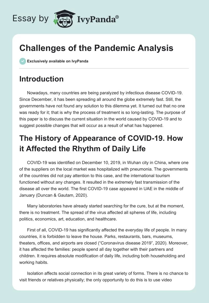 Challenges of the Pandemic Analysis. Page 1