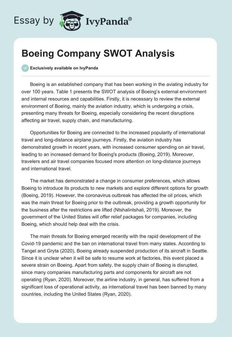 Boeing Company SWOT Analysis. Page 1