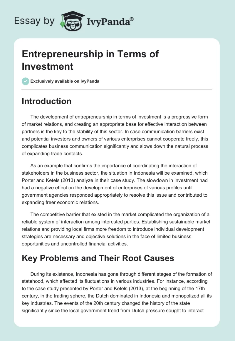 Entrepreneurship in Terms of Investment. Page 1