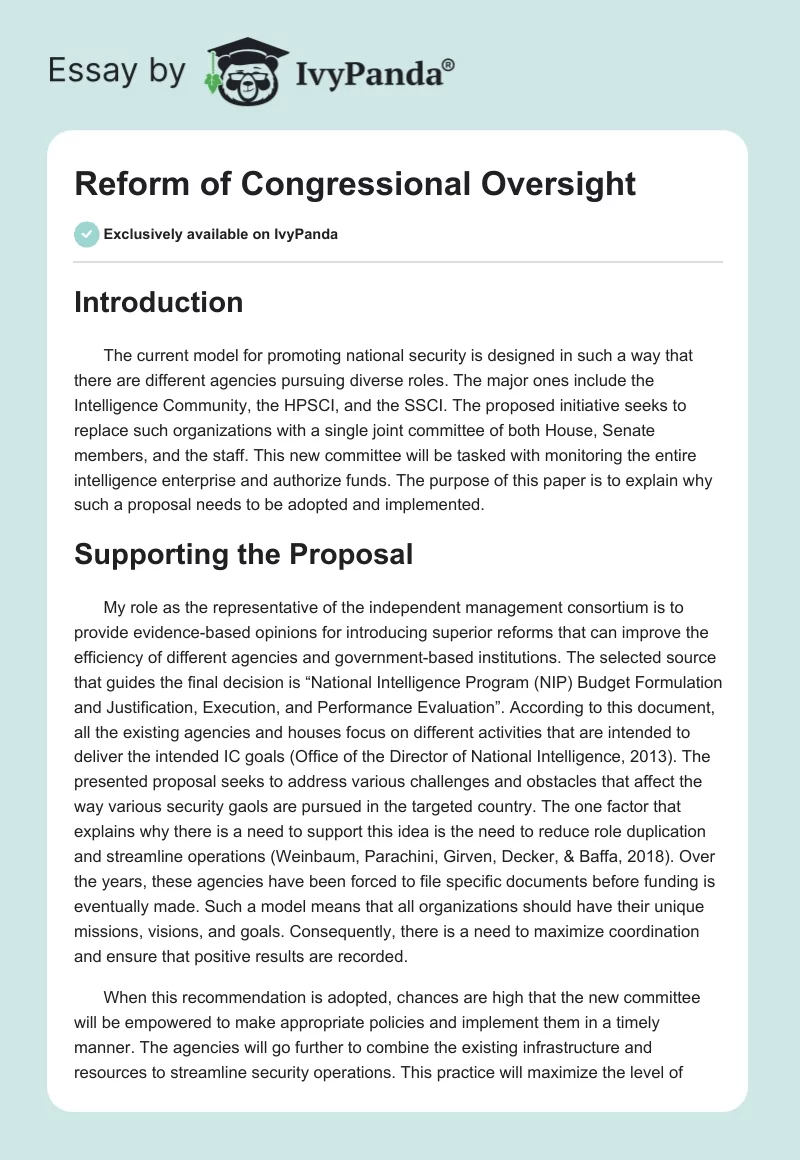 Reform of Congressional Oversight. Page 1