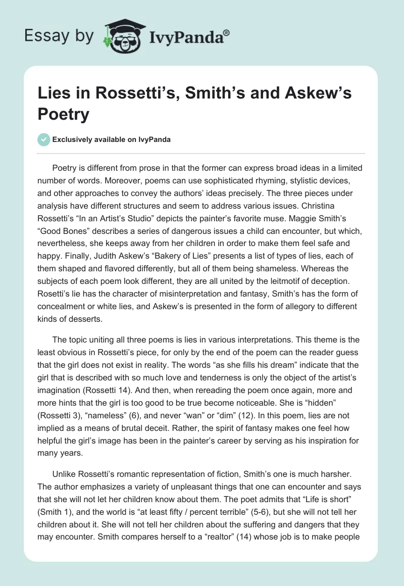 Lies in Rossetti’s, Smith’s and Askew’s Poetry. Page 1