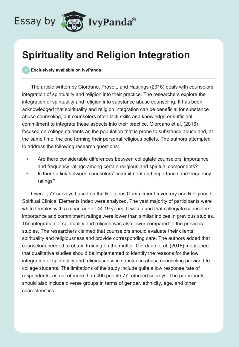 Spirituality and Religion Integration. Page 1
