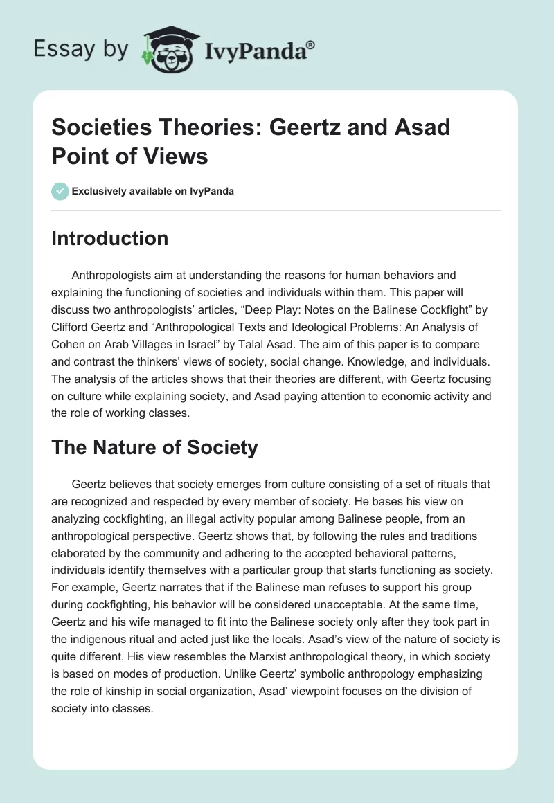 Societies Theories: Geertz and Asad Point of Views. Page 1