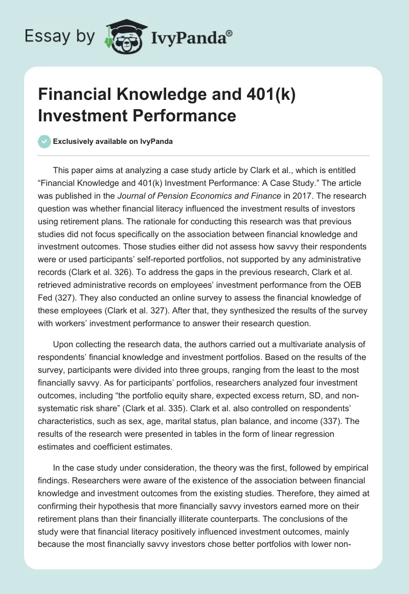 Financial Knowledge and 401(k) Investment Performance. Page 1