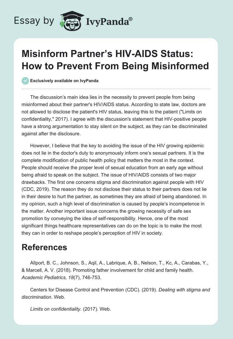 Misinform Partner’s HIV-AIDS Status: How to Prevent From Being Misinformed. Page 1