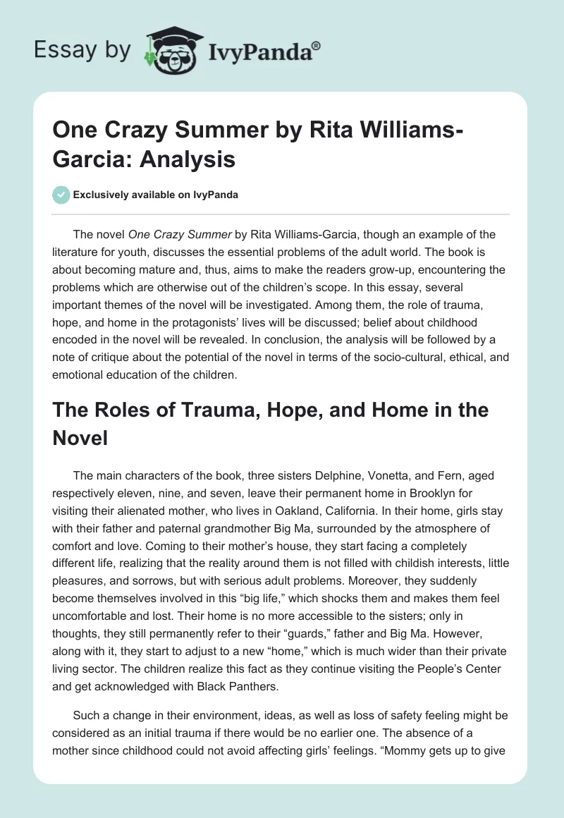 One Crazy Summer by Rita Williams-Garcia: Analysis. Page 1