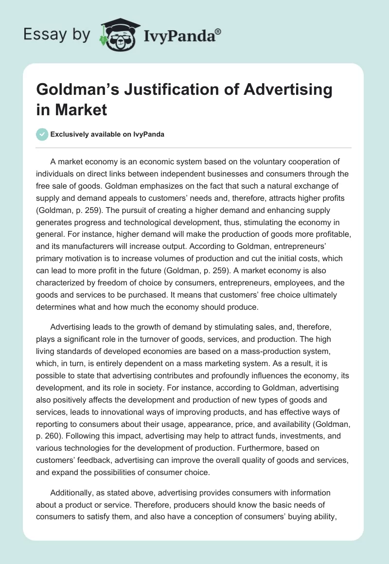 Goldman’s Justification of Advertising in Market. Page 1