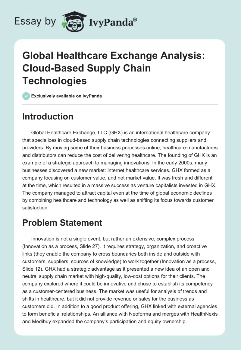 Global Healthcare Exchange Analysis: Cloud-Based Supply Chain Technologies. Page 1